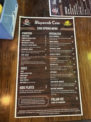 Shipwreck Cove menu